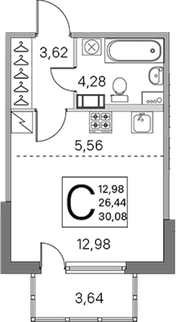 Квартира студия 26.44 м², 3/5 эт., ЖК «ЮгТаун. Олимпийские кварталы»